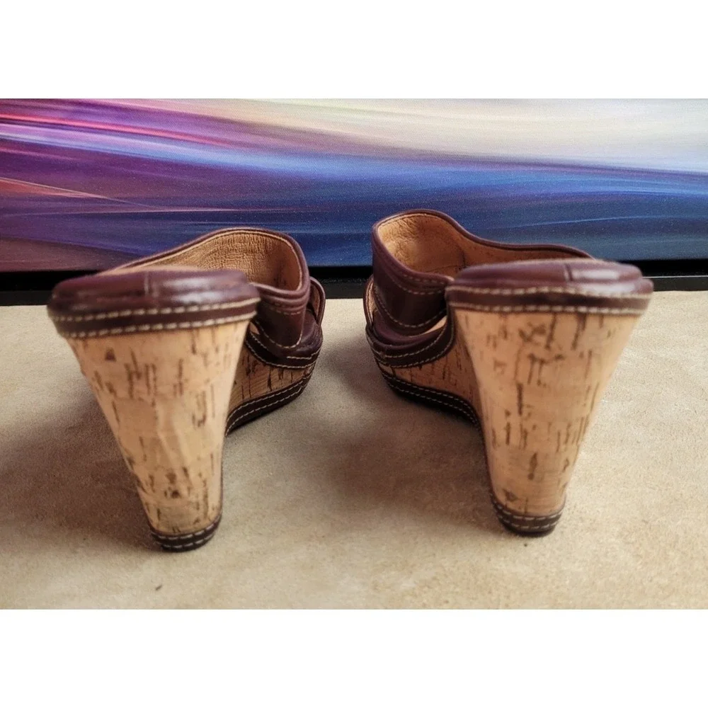 SOFFT Cork Wedge Heel Brown Leather Women's 6W Cutout Slip-On Platform Sandals